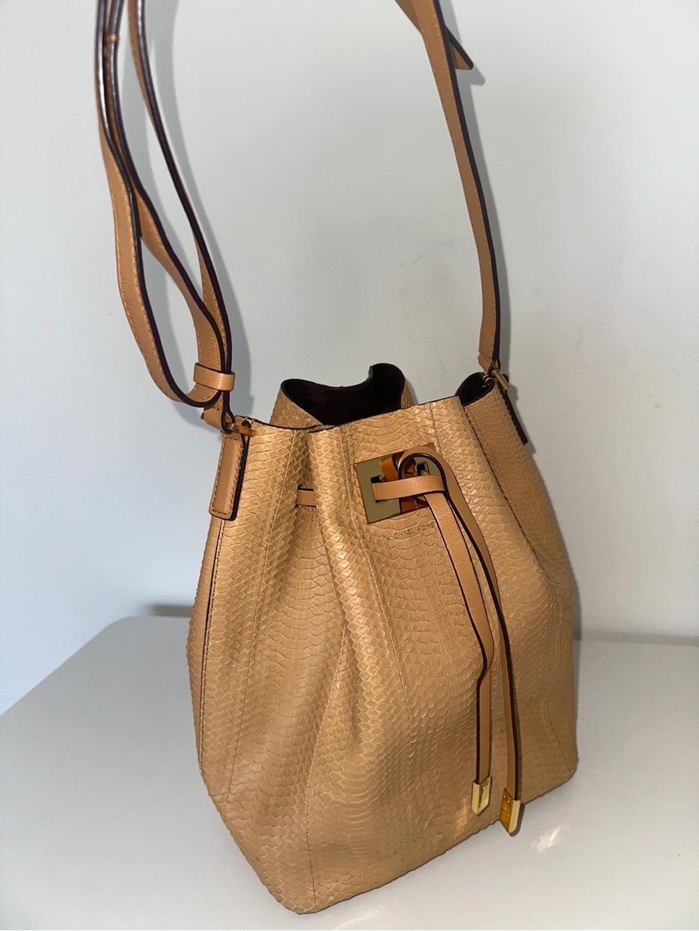 EUC Michael Kors "Miranda" Python-Embossed Leather Bucket Bag